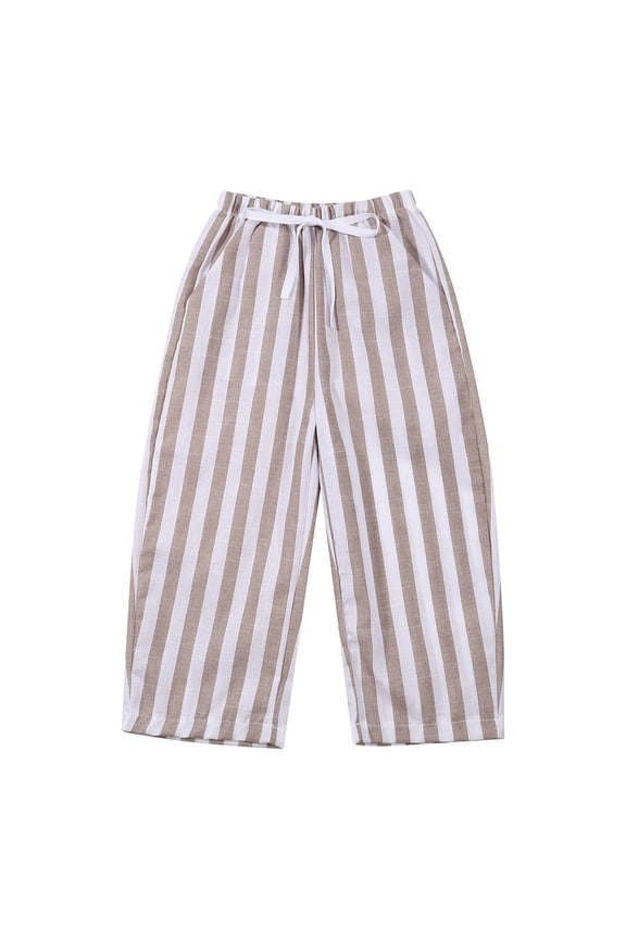 Boys' Minimalist Striped Linen Harem Pants Elastic Waist Casual Trousers for Toddler Baby Kids Spring Summer Daily Wear Khaki,3-4 Years