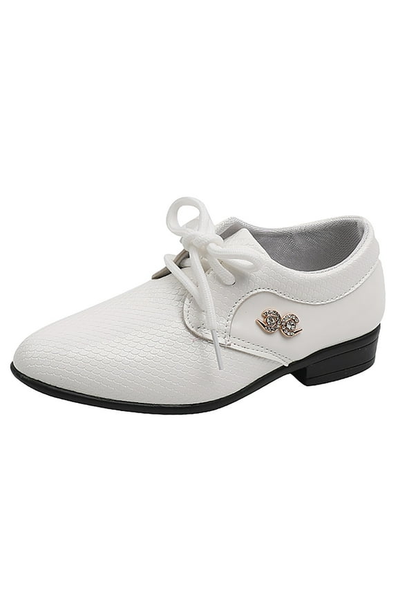 Boys Sneakers Leather Dress Shoes British Style Lace-Up for Big Kids Students White,12