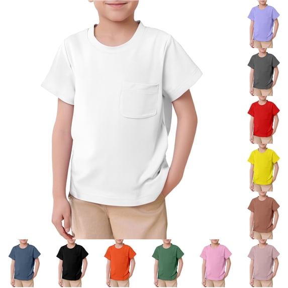 HNMKIU Boys T-Shirts Summer Fashion Solid Short Sleeve Sports Top With Pocket For Daily Wear