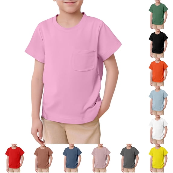 HNMKIU Boys T-Shirts Summer Fashion Solid Short Sleeve Sports Top With Pocket For Daily Wear