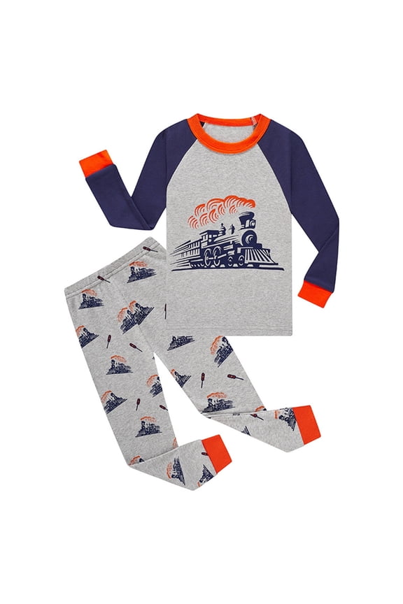 Boys Train Print Pajama Set Two Piece Long Sleeve Sleepwear Outfit for Toddlers and Kids Grey,4-5 Years