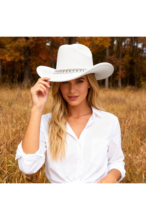 British Style Cowboy Hat Elegant Wide Brim Western Rancher Headwear Classic Embellishment Fashionable Outdoors Special Events White,One Size