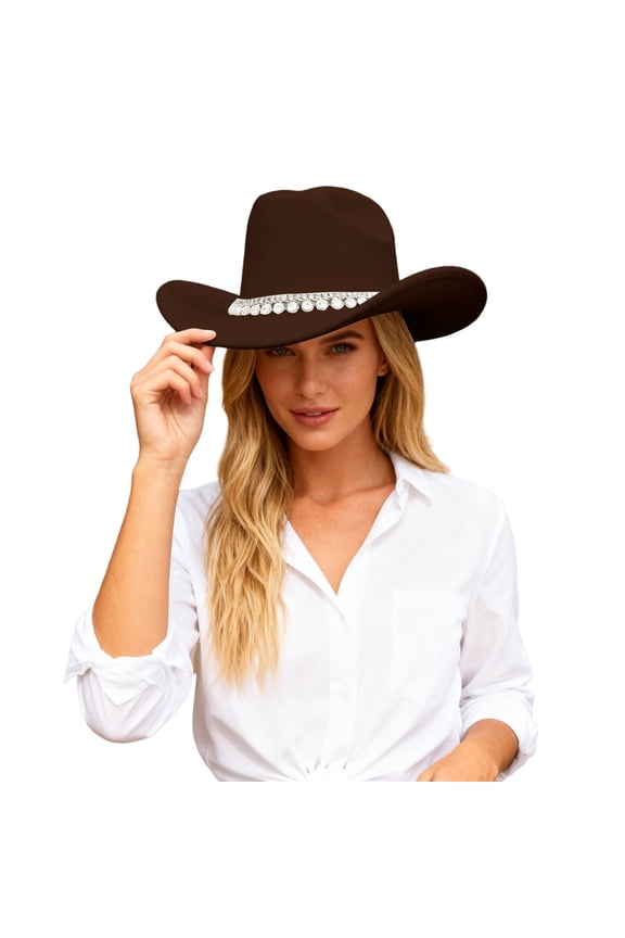 British Style Cowboy Hat for Elegant Women Wide Brim Western Rancher Headwear with Classic Embellishment for Fashionable Outdoors Women's Hats 06_Brown,One Size
