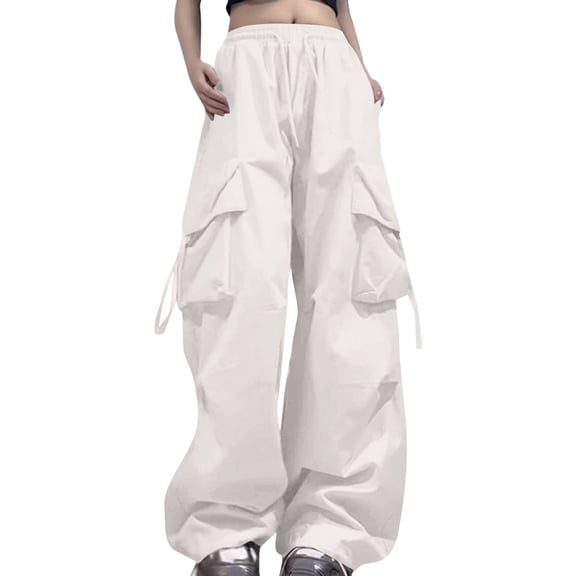 HNMKIU Cargo Pants for Women Designer Loose Fit with Large Pockets Street Fashion Elastic Waist Casual Trousers for Women White,L