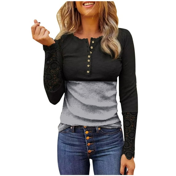 HNMKIU Casual Womens Long Sleeve T Shirts V-Neck Button Down Shirt with Gradient Print and Lace Trim for Women Grey,L