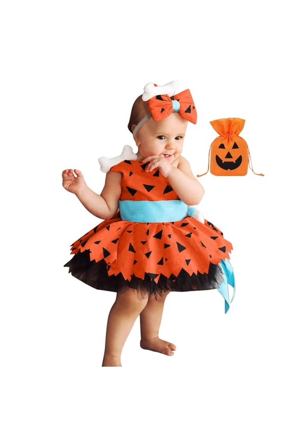 Caveman For Toddler Girls Halloween Historical Cavegirl Mesh Dress Outfit With Accessory Bag Orange,12-18 Months
