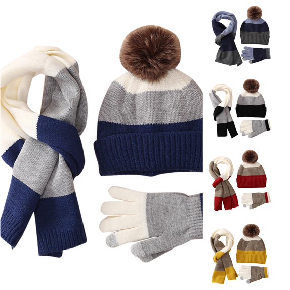 HNMKIU Children 8-15 Years Winter Warm Knitted Hat Scarf 3 Piece Set Plus Wool Thickened Unisex Outdoor Snowproof Cozy Accessory Bundle Blue - One Size