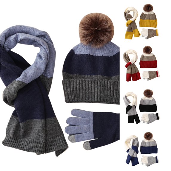 HNMKIU Children 8-15 Years Winter Warm Knitted Hat Scarf 3 Piece Set Plus Wool Thickened Unisex Outdoor Snowproof Cozy Accessory Bundle Grey - One Size