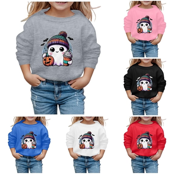 HNMKIU Children Halloween Cute Printed Crew Neck Hoodless Long Sleeve Sweatshirt Pullover Top Casual Soft Blend Girls Fashion Outfit,2-3 Years