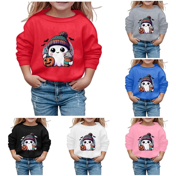 HNMKIU Children Halloween Cute Printed Crew Neck Hoodless Long Sleeve Sweatshirt Pullover Top Casual Soft Blend Girls Fashion Outfit,2-3 Years