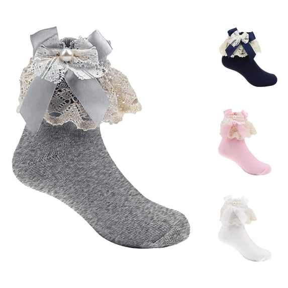 HNMKIU Children's Bow Mid Tube Lace Baby Socks Design for Girls Grey,3-4 Years