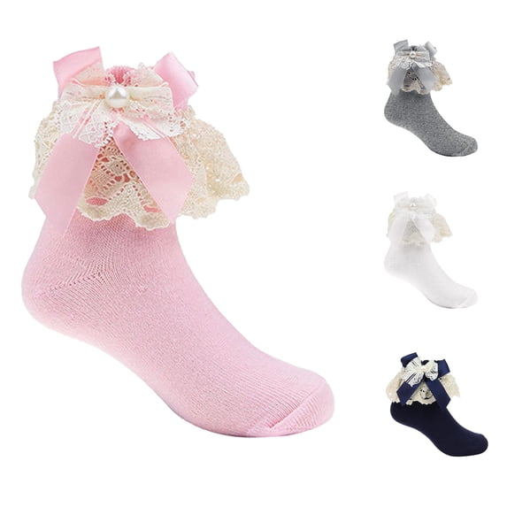 HNMKIU Children's Bow Mid Tube Lace Baby Socks Design for Girls Pink,5-6 Years