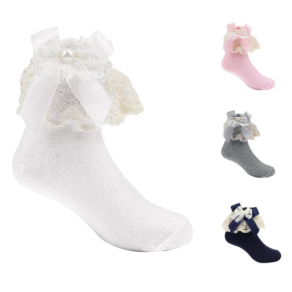 HNMKIU Children's Bow Mid Tube Lace Baby Socks Design for Girls White,7-8 Years