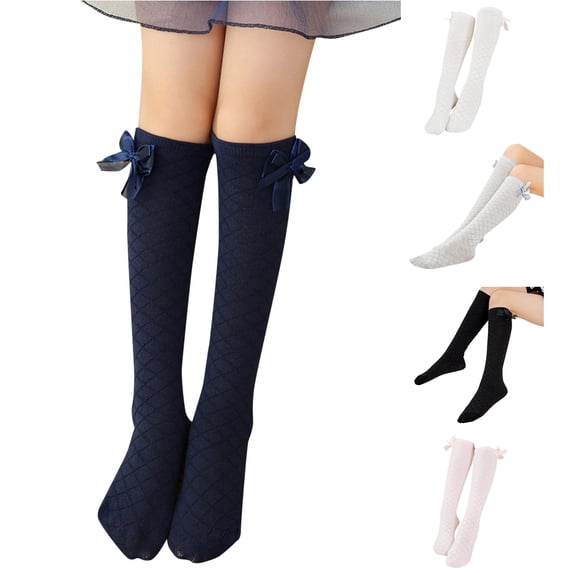 HNMKIU Children's Mesh Combed Bow Mid Tube Socks Knee High Stockings Breathable Blend for Kids Navy,35