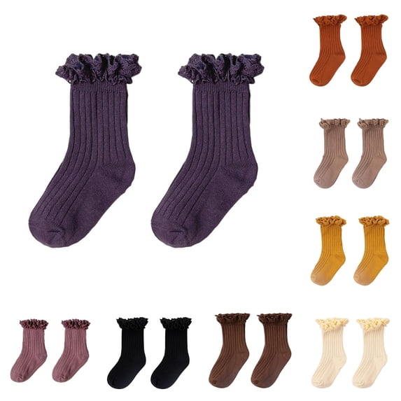 HNMKIU Childrens Lace Solid Color Double Needle Crew Socks for Daily Casual School Outdoor Wear Dark Purple,1-3 Years