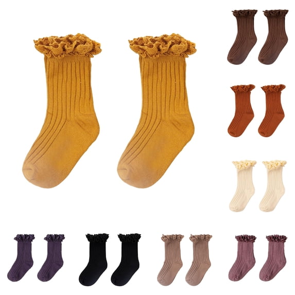 HNMKIU Childrens Lace Solid Color Double Needle Crew Socks for Daily Casual School Outdoor Wear Yellow,3-5 Years