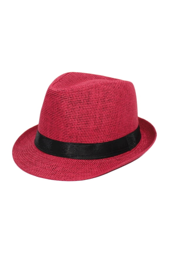 Classic Unisex Summer Straw Fedora Hat with Short Brim for Sun and Casual Style Red,One Size