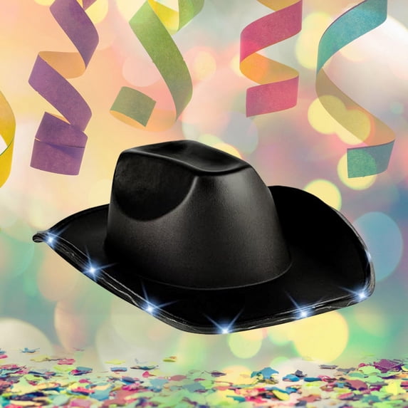 HNMKIU Colorful Hot Stamped Fabric Cowboy Hat With LED Lights For Gold Silver EVA Decorative Festival Accessory Black,One Size