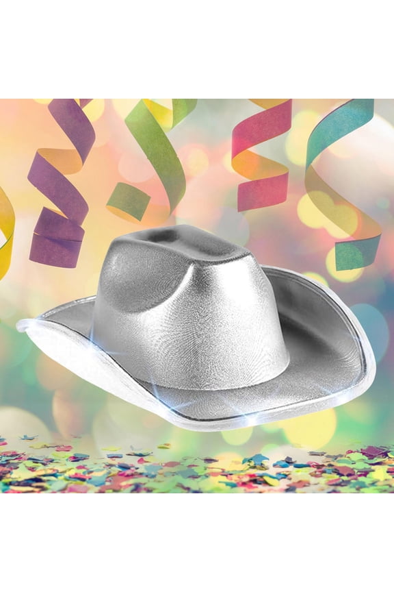 Colorful Hot Stamped Fabric Cowboy Hat With LED Lights For Gold Silver EVA Decorative Festival Accessory Silver,One Size