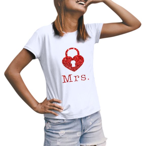 HNMKIU Comfortable Casual Printed Round Neck Short Sleeve Valentine's Day Top for Women and Couples White,XL