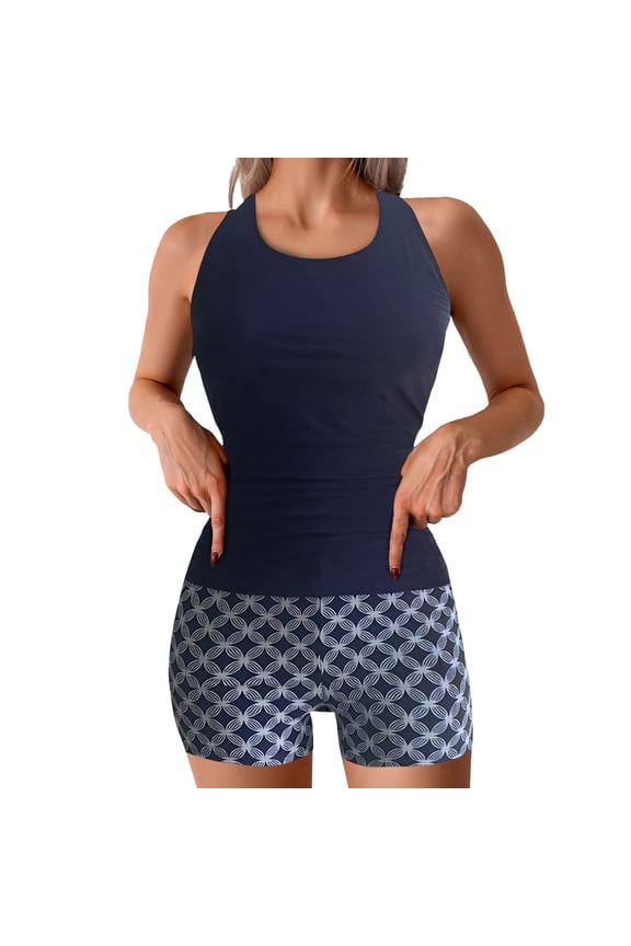 Conservative Split Style Ladies Swimsuit Set Coverage Tankini Bikini Outfit for Women Dark Blue,S