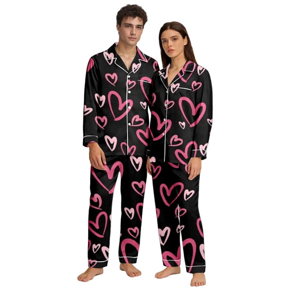 HNMKIU Couples Pajamas Set Valentine's Day Heart Print V-Neck Long Sleeve Pants Button Closure Cozy Sleepwear 02_Black,XXL