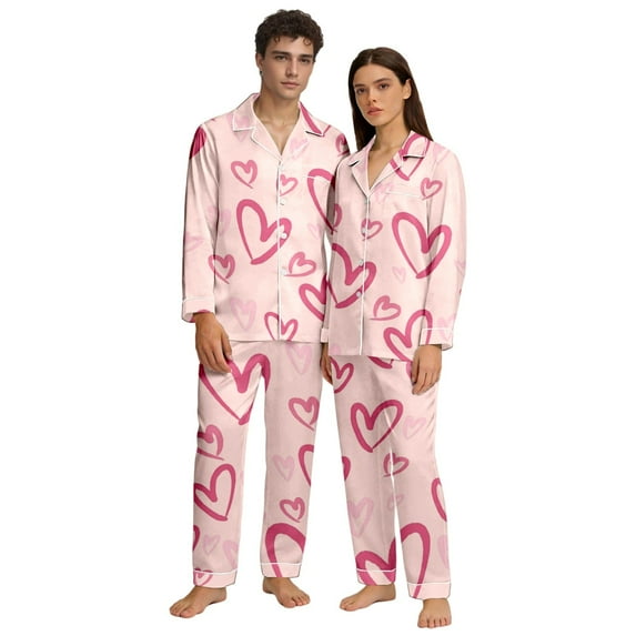 HNMKIU Couples Pajamas Set Valentine's Day Heart Print V-Neck Long Sleeve Pants Button Closure Cozy Sleepwear 02_Light Pink,M