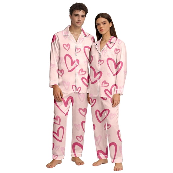 HNMKIU Couples Pajamas Set Valentine's Day Heart Print V-Neck Long Sleeve Pants Button Closure Cozy Sleepwear 02_Light Pink,XXL