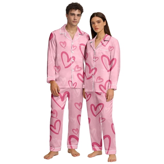 HNMKIU Couples Pajamas Set Valentine's Day Heart Print V-Neck Long Sleeve Pants Button Closure Cozy Sleepwear 02_Pink,XL