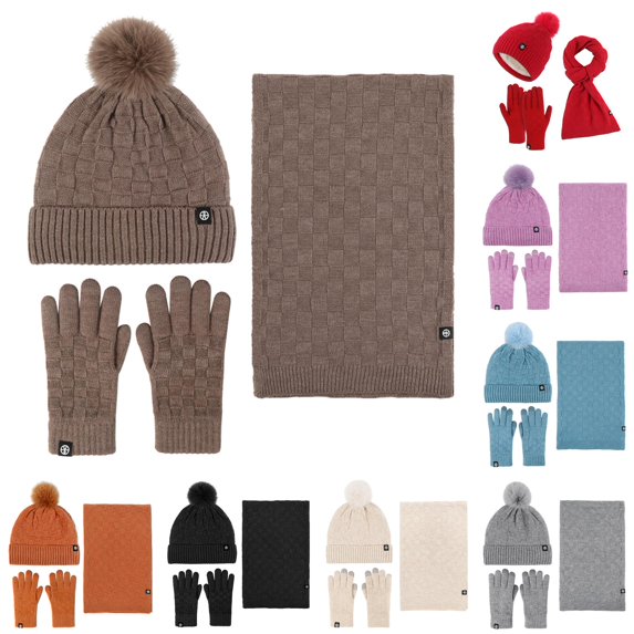 HNMKIU Couples Winter Outdoor Warm Knit Pile Hat Scarf Three Piece Check Set Matching Accessory Brown - One Size
