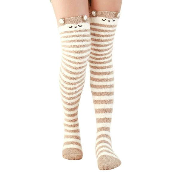 HNMKIU Cozy Fuzzy Over Knee Cartoon Thigh High Socks for Women Winter Warm Home Leggings Khaki,One Size