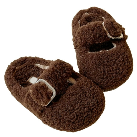HNMKIU Cozy Lined Slippers for Girls Warm Indoor Outdoor Soft Sole Winter Booties with Comfortable Kids Slide On Shoes Halloween Slippers for 3-10 Years Coffee,5-5.5 Years