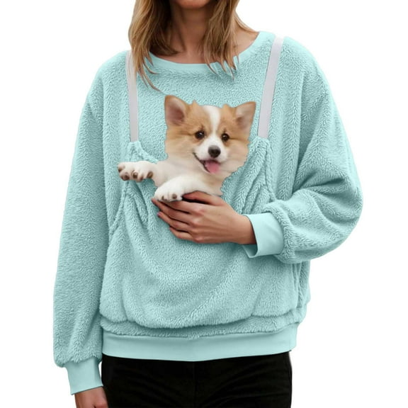 HNMKIU Crewneck Sweatshirts Women Casual Solid Color Pocket Long Sleeve Pet Hoodless Sweatshirt Pullover Top for Daily Wear 01_Blue,XL