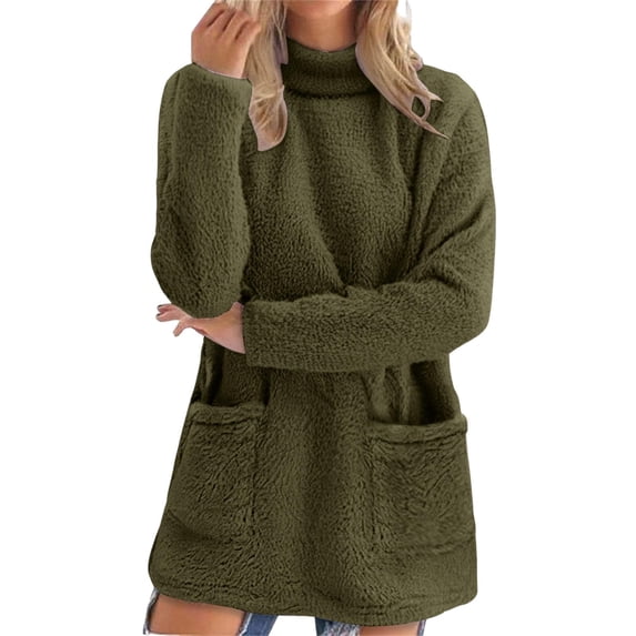 HNMKIU Crewneck Sweatshirts Women Plus Size Winter Half Turtle Neck Pocket Pullover Soft Warm Long Sleeve Casual Outerwear 01_Dark Green,M