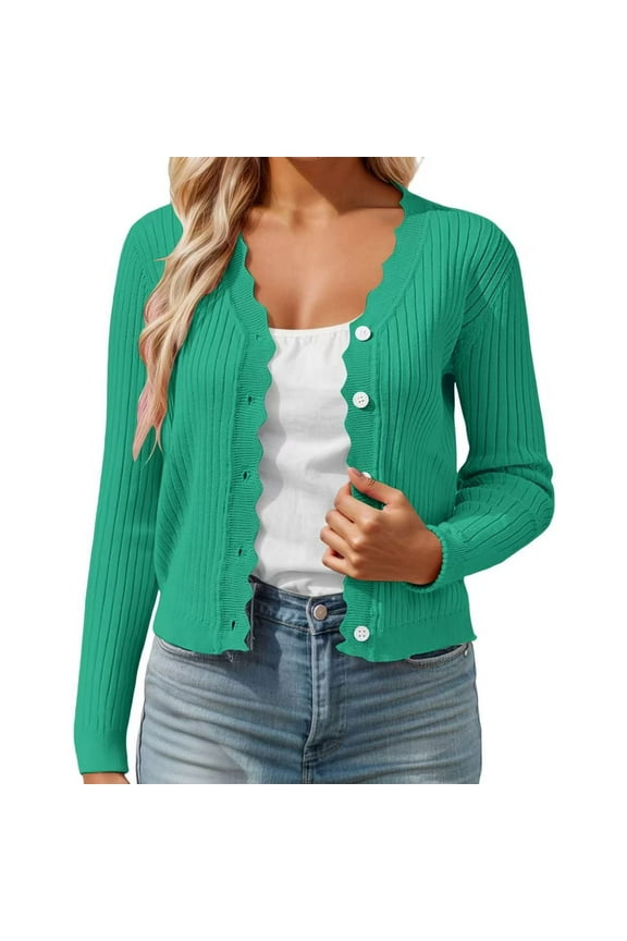 Cropped Cardigan for Women V-Neck Short Button Down Knit Sweater with Scallop Collar Lightweight Comfortable Casual Loose Fit Spring Fall Layering Top Z01_Green,XXL