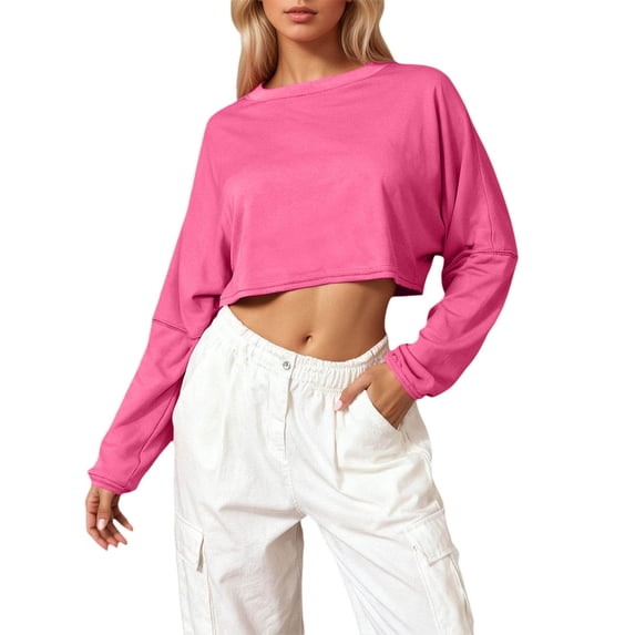 HNMKIU Cropped Crewneck Sweatshirt Long Sleeve Top for Women Casual Pullover Soft Comfortable Streetwear Fashion for Daily Wear and Light Exercise Z02_Hot Pink,XS