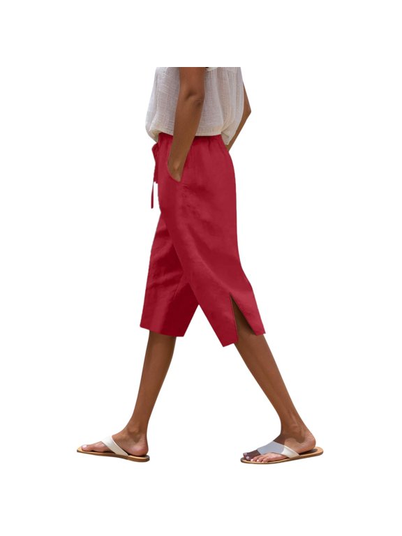 Cropped Pants for Women Linen Summer Beach Drawstring Side Split Casual Ladies Solid Color Loose with Pockets Womens Trousers Red,S