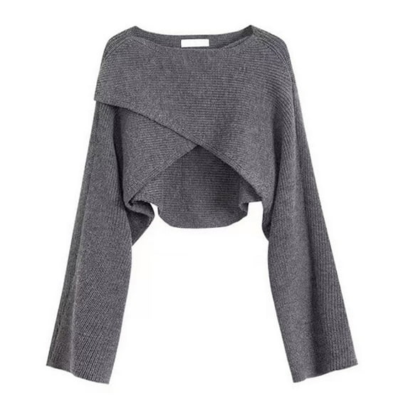 HNMKIU Cropped Sweaters For Women Short Knit Long Sleeve Solid Round Neck Irregular Hem Loose Pullover Top for Casual Style Grey,One Size