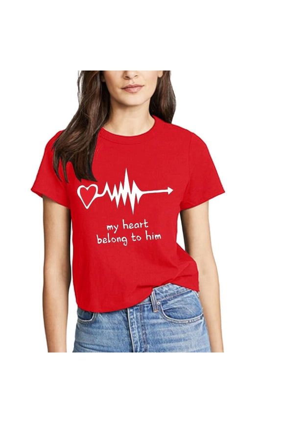 Custom Graphic Soft Short Sleeve T-Shirt For Women Matching Couple Tee Comfortable Casual Top Red,L