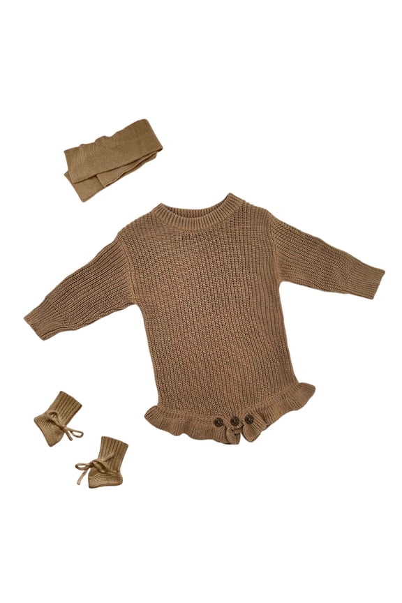 Customizable Name Hand Embroidered Baby Knitted Fall Jumpsuit Autumn Winter Sweater Cute Crawling for 0-18 Months Brown,
