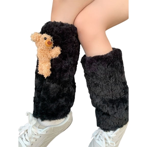 HNMKIU Cute Winter Leg Warmers Cozy Thermal Lined Fashionable Boot and Socks for Women wth Bear Knitted Pattern 02_Black,One Size