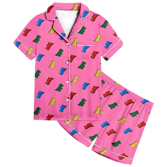 HNMKIU Dinosaur Themed Short Sleeve Button Down Pajama and Shorts Set for Kids Cozy Sleepwear Outfits Hot Pink,6-7 Years