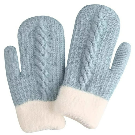 HNMKIU Double Layer Winter Knitted Mittens Soft Thermal Insulated Windproof Cold Weather Gloves for Extreme Warmth Blue,One Size