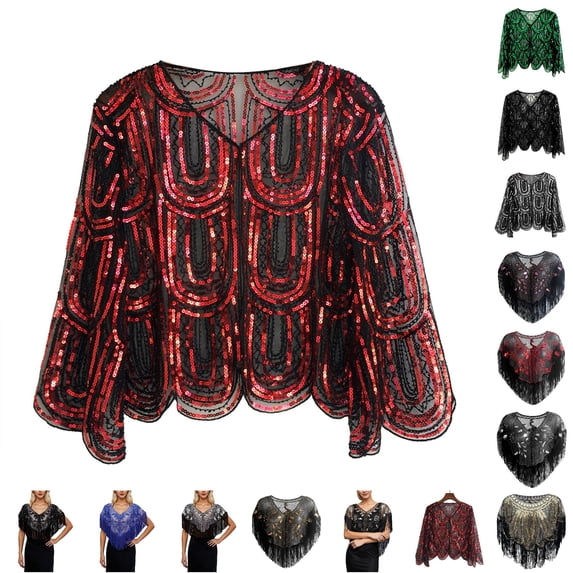 HNMKIU Dress Shawl Wrap Wedding Bridal Cape Cover Up, Ladies 1920s Flapper Sequin Beaded Fringe Mesh Shawl Wraps for Formal Banquet Red-3,One Size