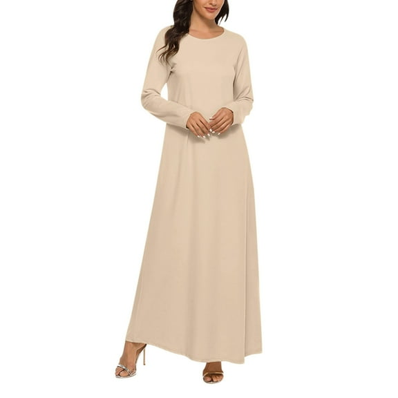 HNMKIU Dress Women Long Sleeve Casual Long Abaya Solid Under Long Sleeve Dress for Women Khaki,S