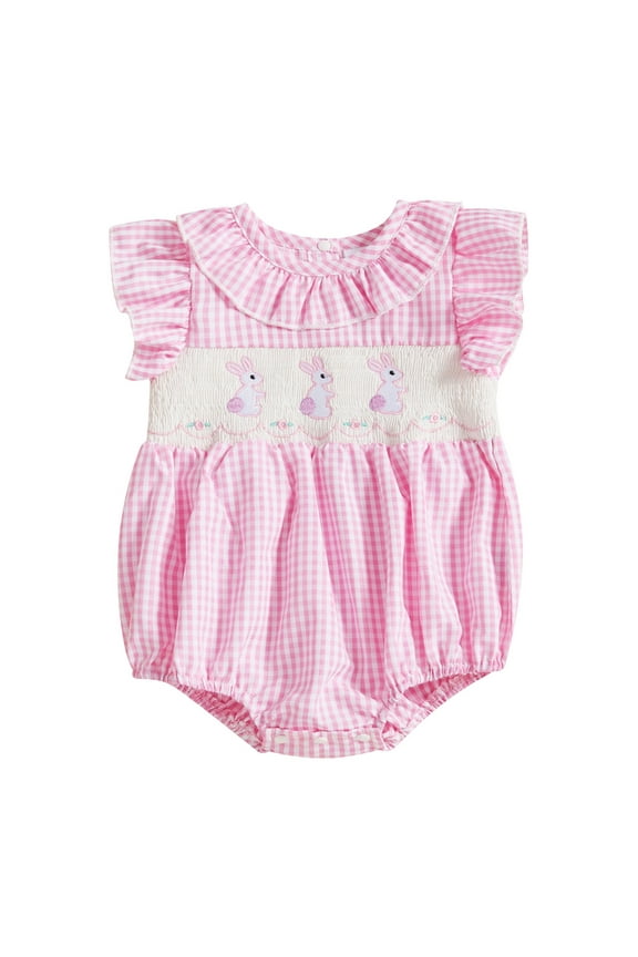 Easter Baby Girl Outfit Smocked Baby Romper Plaid Cute Toddler Summer Clothes for Girls Pink,0-3 Months