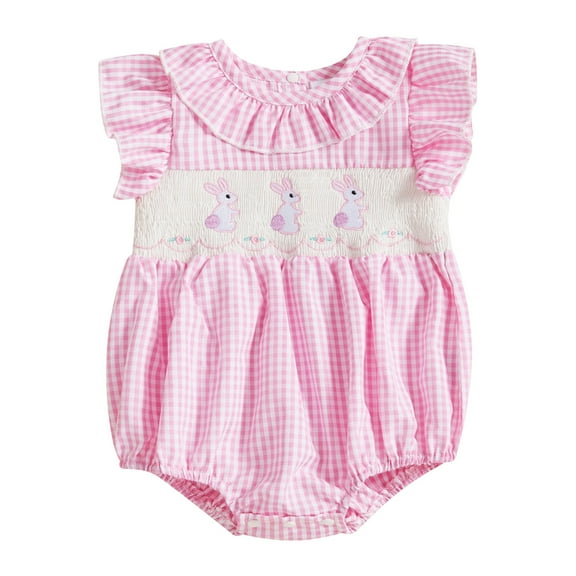 HNMKIU Easter Baby Girl Outfit Smocked Baby Romper Plaid Cute Toddler Summer Clothes for Girls Pink,6-12 Months