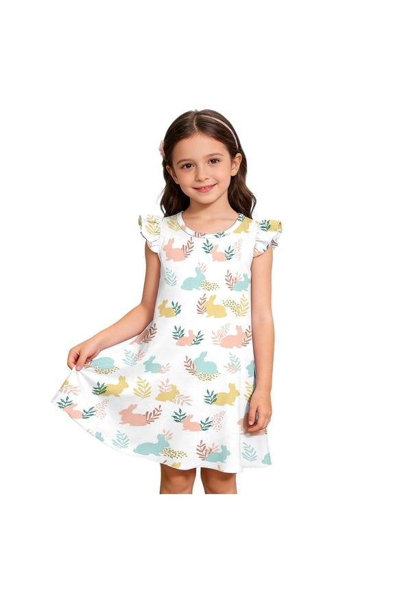 Easter Bunny Egg Print Girls Sleeveless Smocked Dress for Toddler Holiday Party Floral Outfit White,7-8 Years