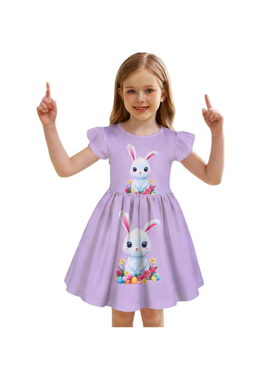 Easter Bunny Flutter Sleeve Dress for Girls Toddler Party and School Outfit Purple,3-4 Years