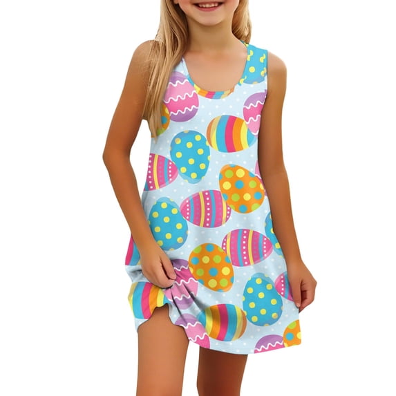 AWZXDE Easter Floral Print Girls Sleeveless Dress For Casual Play And Party Celebration Outfit Multicolour,11-12 Years